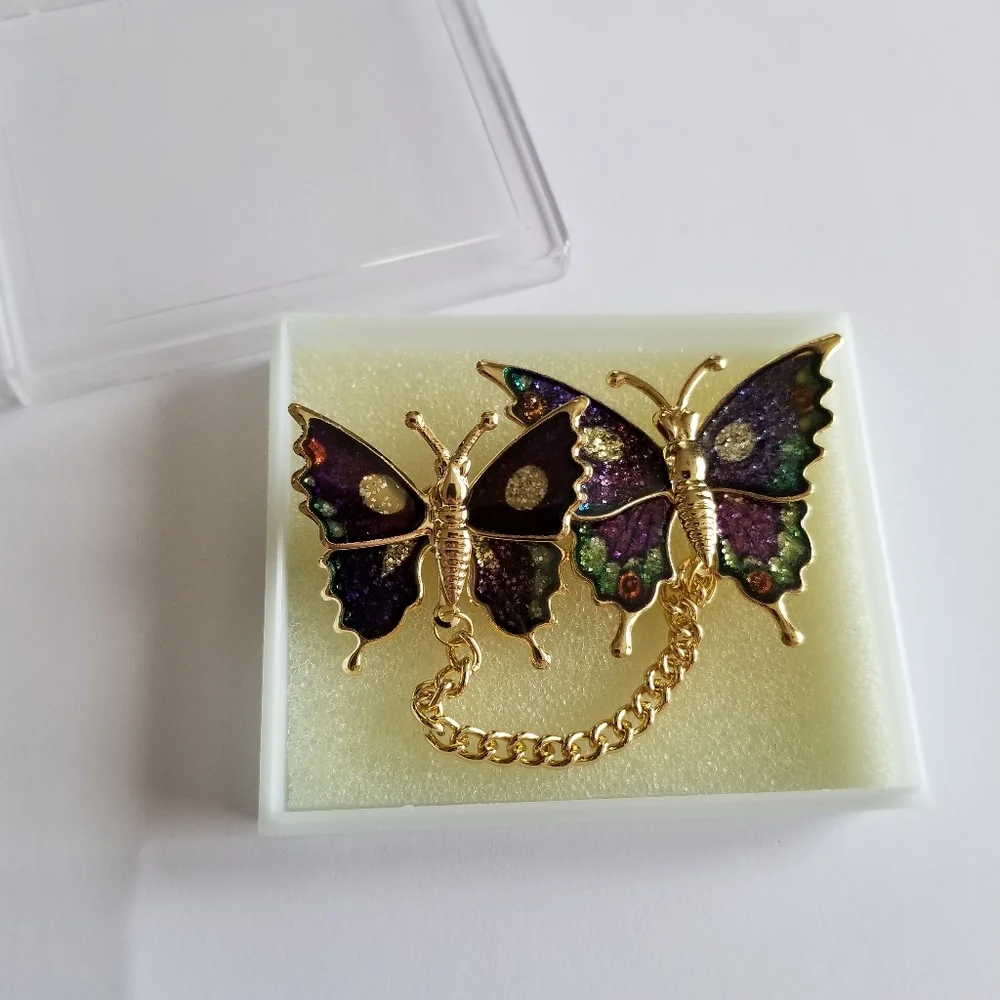 Vintage glitter butterfly brooch set New old stock Gold tone insect bug …